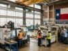 Texas Adds Jobs Faster Than Any Other State, But Federal Reserve Sees a Slower Year Ahead An interior view of a bright, modern Texas manufacturing facility with workers in high-visibility safety gear operating machinery beneath a large Texas state flag on the back wall.