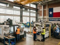 Texas Adds Jobs Faster Than Any Other State, But Federal Reserve Sees a Slower Year Ahead An interior view of a bright, modern Texas manufacturing facility with workers in high-visibility safety gear operating machinery beneath a large Texas state flag on the back wall.