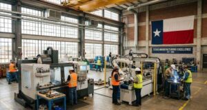 Texas Adds Jobs Faster Than Any Other State, But Federal Reserve Sees a Slower Year Ahead An interior view of a bright, modern Texas manufacturing facility with workers in high-visibility safety gear operating machinery beneath a large Texas state flag on the back wall.