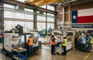 Texas Adds Jobs Faster Than Any Other State, But Federal Reserve Sees a Slower Year Ahead An interior view of a bright, modern Texas manufacturing facility with workers in high-visibility safety gear operating machinery beneath a large Texas state flag on the back wall.