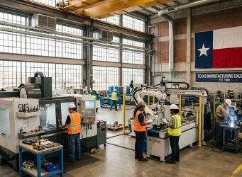 Texas Adds Jobs Faster Than Any Other State, But Federal Reserve Sees a Slower Year Ahead An interior view of a bright, modern Texas manufacturing facility with workers in high-visibility safety gear operating machinery beneath a large Texas state flag on the back wall.