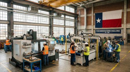 Texas Adds Jobs Faster Than Any Other State, But Federal Reserve Sees a Slower Year Ahead An interior view of a bright, modern Texas manufacturing facility with workers in high-visibility safety gear operating machinery beneath a large Texas state flag on the back wall.