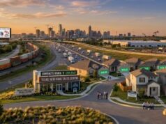 Texas New Homes Are Selling Faster, But Fewer Buyers Are Closing Deals Aerial view of a Texas residential neighborhood and highway near a city skyline, showing new construction homes with "Sold" signs alongside real estate data billboards.