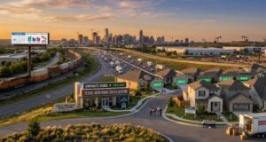 Texas New Homes Are Selling Faster, But Fewer Buyers Are Closing Deals Aerial view of a Texas residential neighborhood and highway near a city skyline, showing new construction homes with "Sold" signs alongside real estate data billboards.
