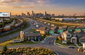 Texas New Homes Are Selling Faster, But Fewer Buyers Are Closing Deals Aerial view of a Texas residential neighborhood and highway near a city skyline, showing new construction homes with "Sold" signs alongside real estate data billboards.