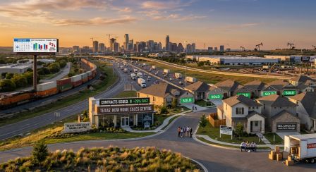 Texas New Homes Are Selling Faster, But Fewer Buyers Are Closing Deals Aerial view of a Texas residential neighborhood and highway near a city skyline, showing new construction homes with "Sold" signs alongside real estate data billboards.